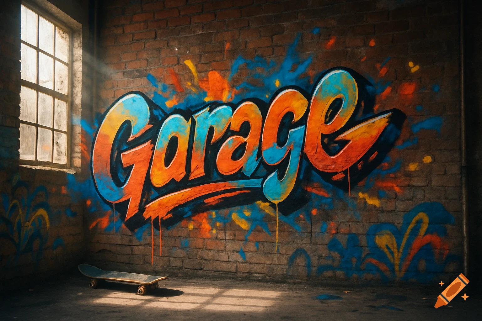 Colorful graffiti spelling "Garage" in orange and blue on a brick wall, illuminated by light from a window, with a skateboard on the floor.