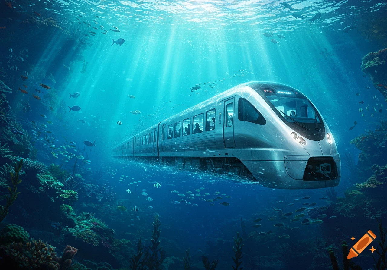 A futuristic silver train moves through a vibrant coral reef underwater,  surrounded by fish and illuminated by sunbeams. on Craiyon, image size:1280x896