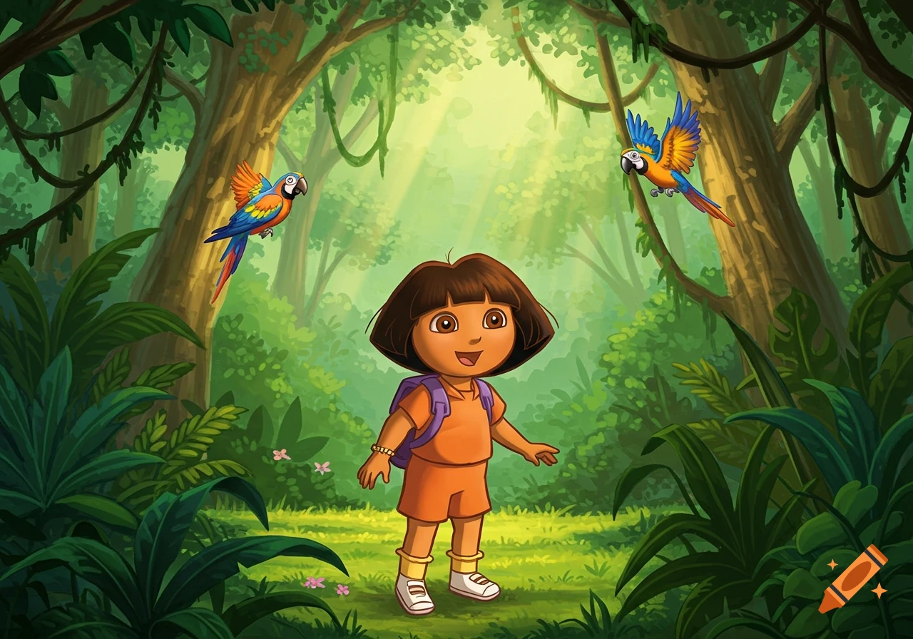 Dora the Explorer stands in a vibrant jungle with two colorful parrots flying on either side of her in a cartoon style.