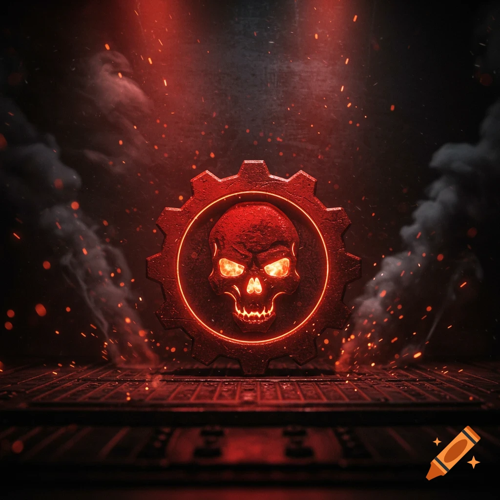 A glowing red skull emblem with bright eyes, set within a cog wheel, surrounded by red sparks and smoke on a dark, gritty background.