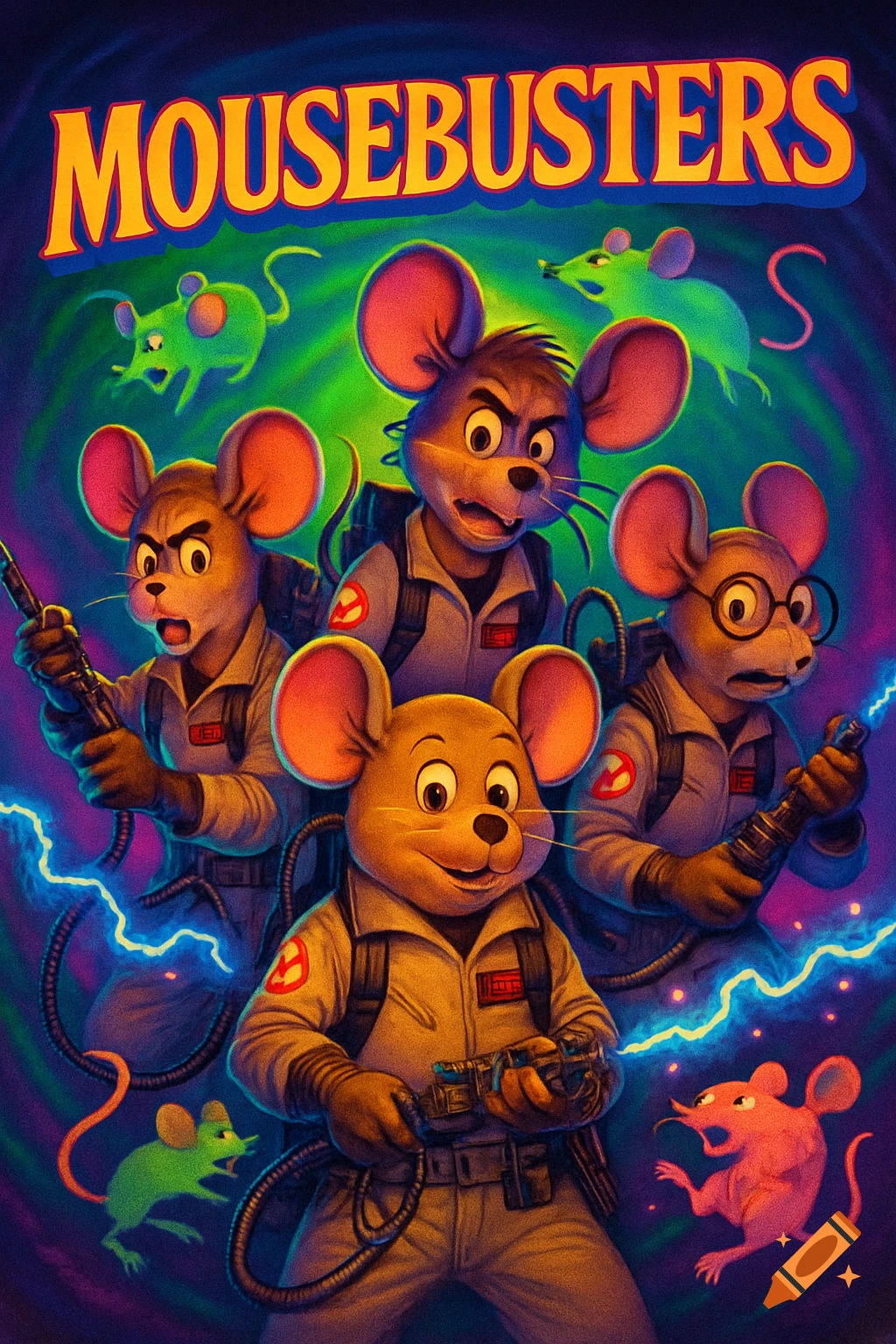 Cartoon movie poster for 'MOUSEBUSTERS' featuring four mouse characters in Ghostbusters suits zapping glowing green and pink mice.