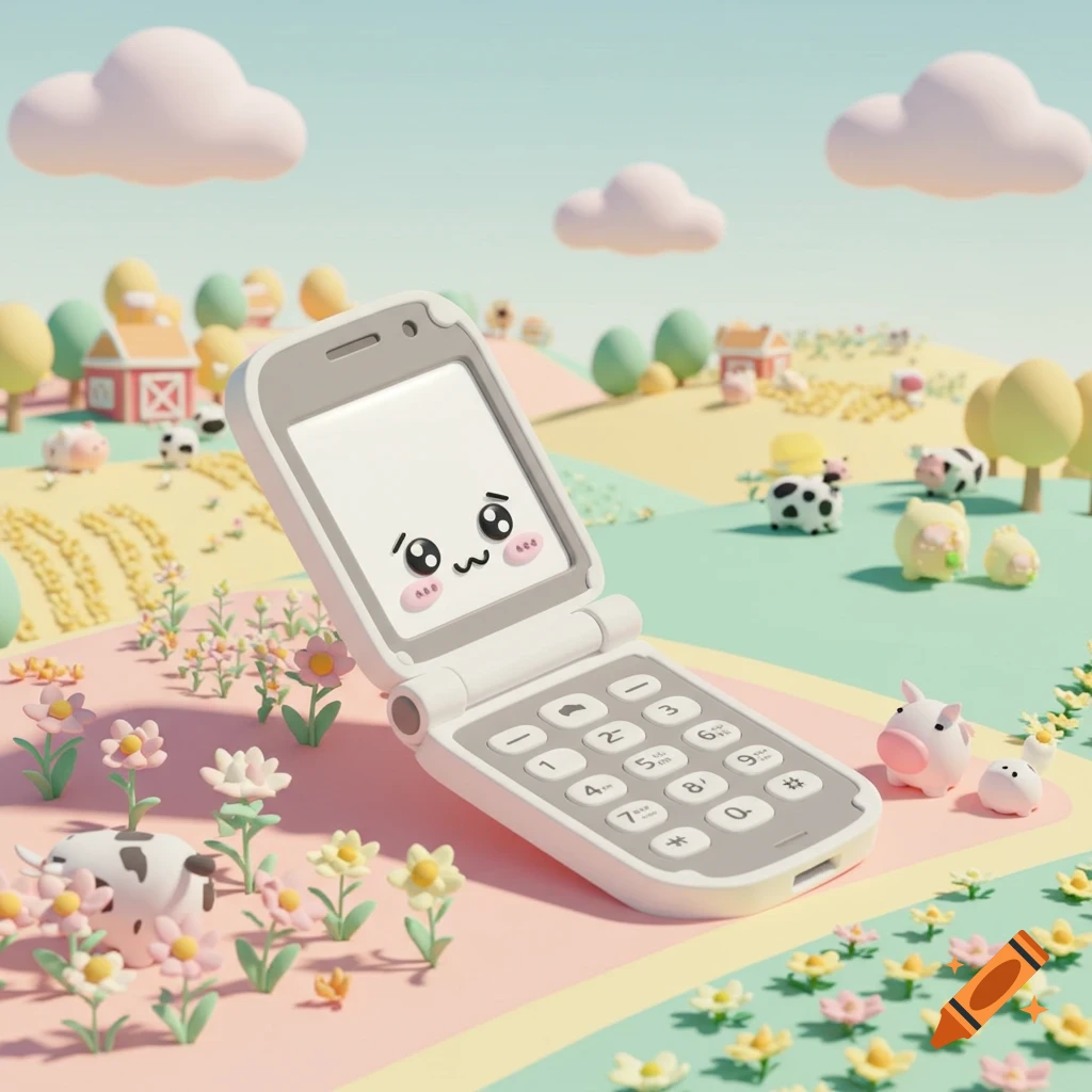 A white flip phone with a kawaii face on its screen lies in a colorful 3D rendered farm landscape with cute miniature animals, flowers, and clouds.