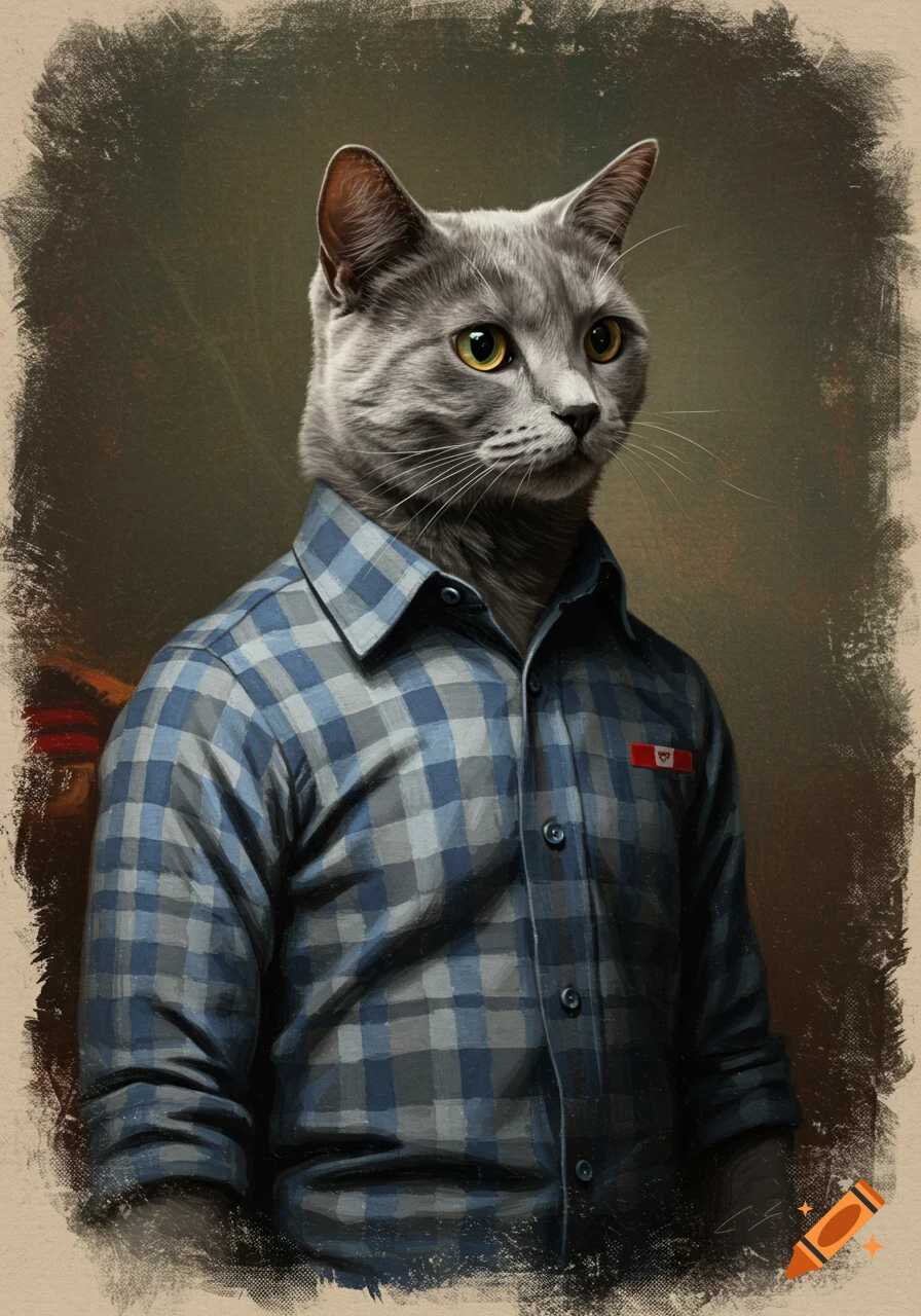 A grey cat wearing a blue and grey plaid button-up shirt in a 19th-century portrait painting style.
