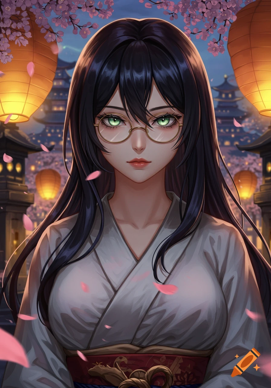 Anime woman in white kimono with glasses, green eyes, surrounded by cherry blossoms and traditional Japanese lanterns at dusk.