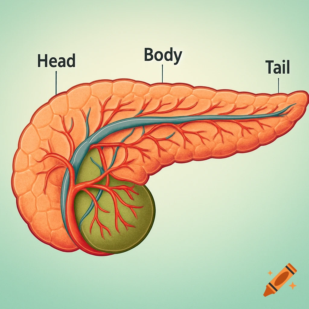 Cartoon medical illustration of a pancreas, showing its head, body, tail, and associated blood vessels.
