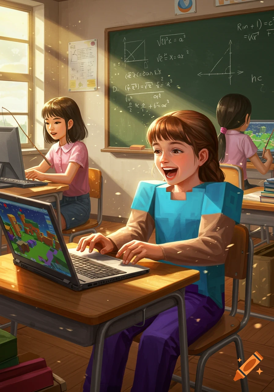 A happy girl dressed as Steve from Minecraft plays on a laptop in a sunlit classroom, with other girls nearby and math equations on the chalkboard.