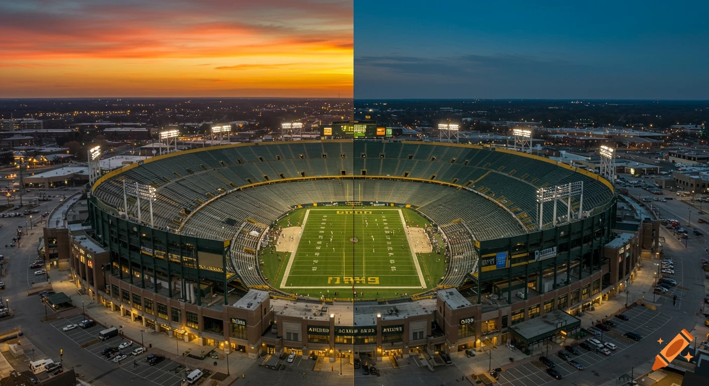 Aerial photorealistic view of Lambeau Field, split between a sunset sky and a night sky, illuminating the football field.