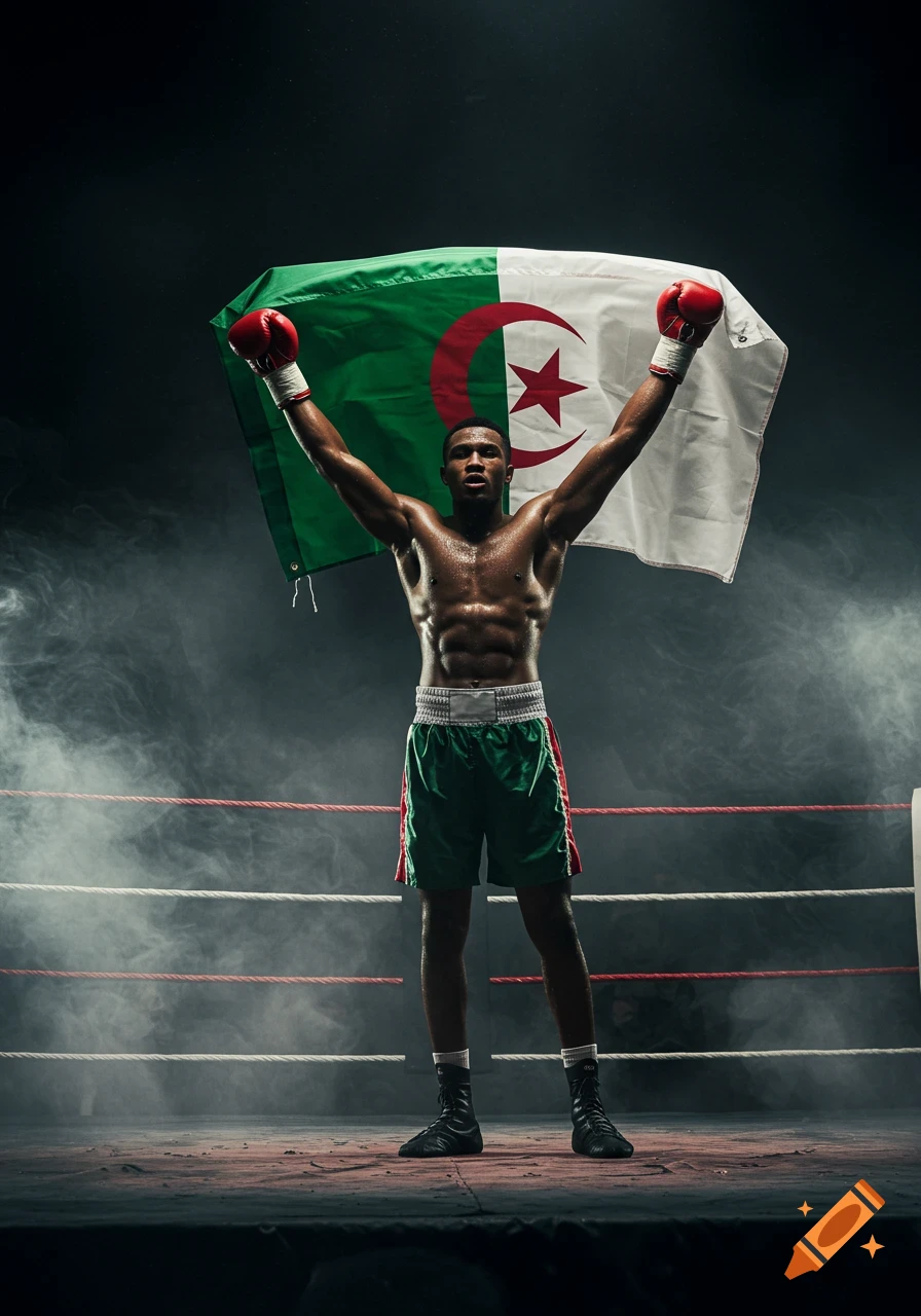 Photorealistic image of a triumphant boxer raising his arms and the Algerian flag in a smoky boxing ring.