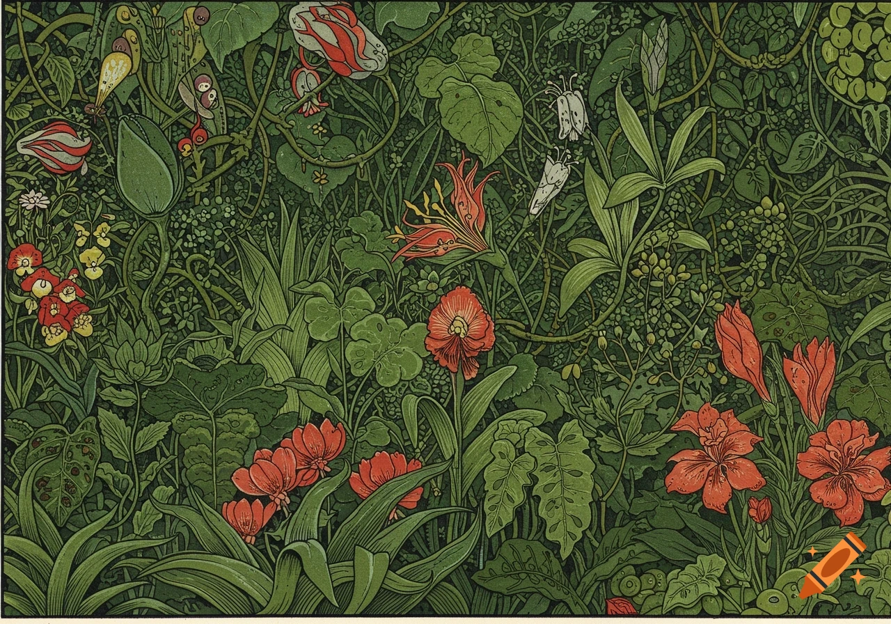 A lush linocut illustration of a dense jungle featuring various exotic green plants and vibrant red and yellow flowers.
