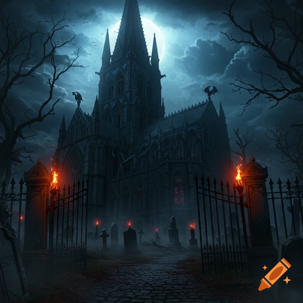 A dark gothic cathedral with a tall spire, gargoyles, and glowing red windows, set against a full moon and cloudy sky, overlooking a spooky cemetery with tombstones and torches.