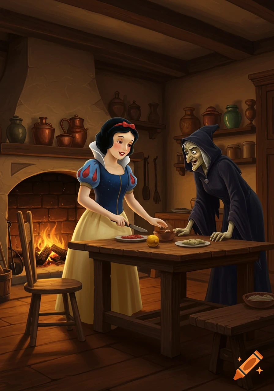 Snow White in a blue and yellow dress slices meat while the old Witch watches intently in a rustic kitchen with a lit fireplace.