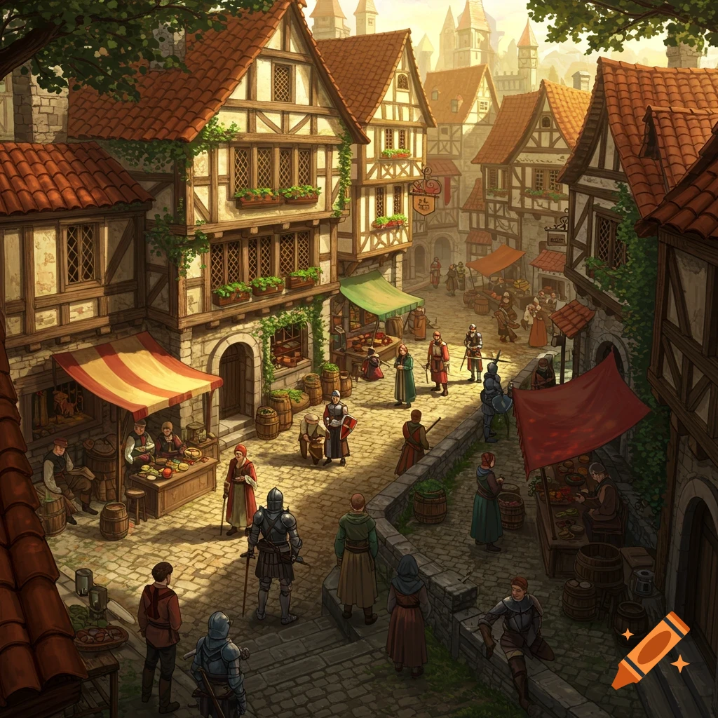 A bustling medieval town market scene with timber-framed buildings, cobblestone streets, and many people, rendered in an illustrative style.
