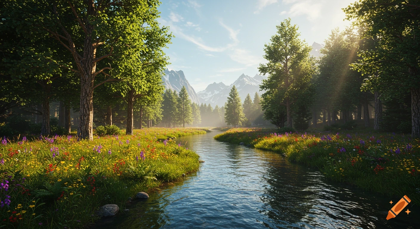 A picturesque river flows through a vibrant wildflower meadow and lush forest, with majestic snow-capped mountains under a sunny sky.