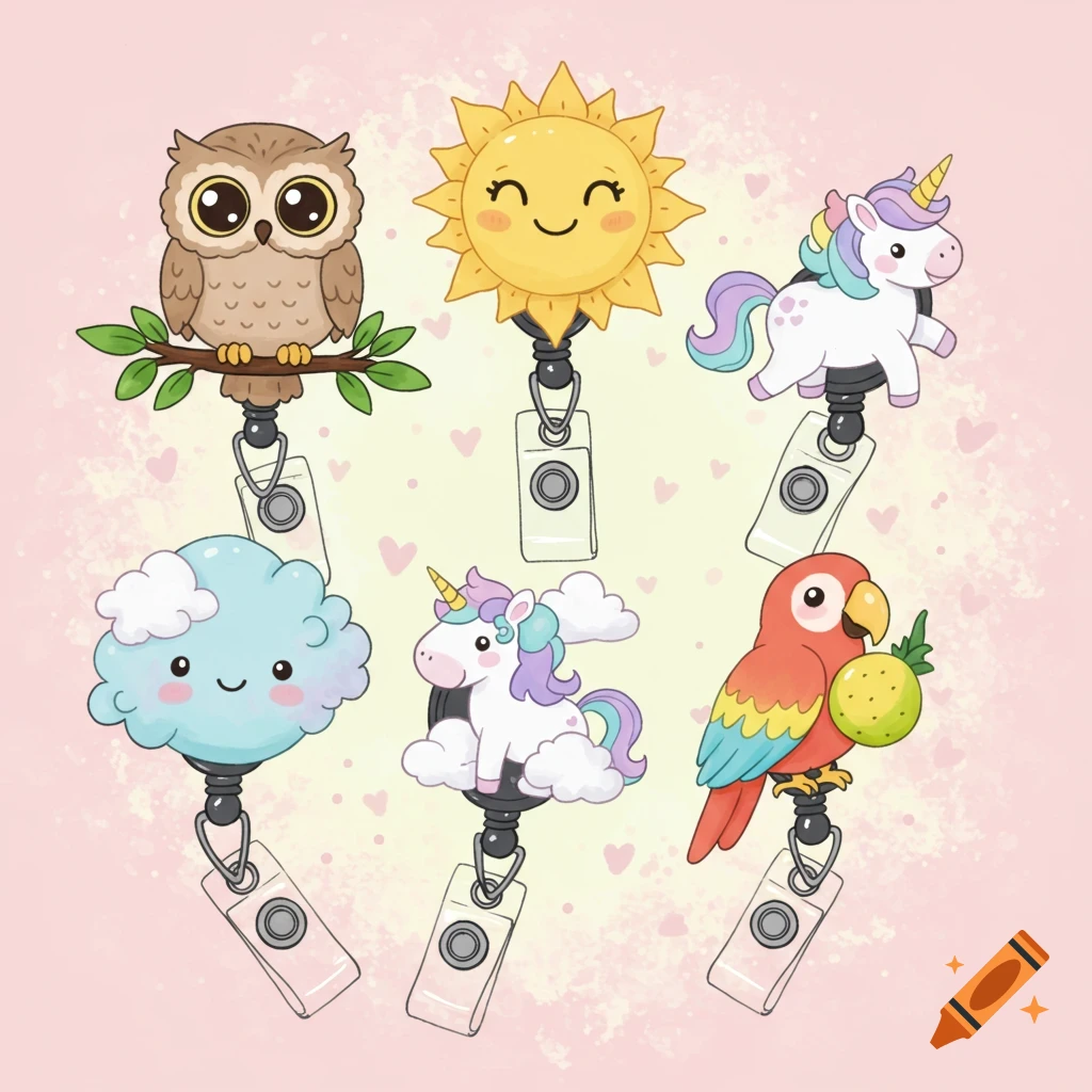 Six cute cartoon badge reels: an owl, a smiling sun, two unicorns, a blue cloud, and a parrot on a pink, heart-patterned background.