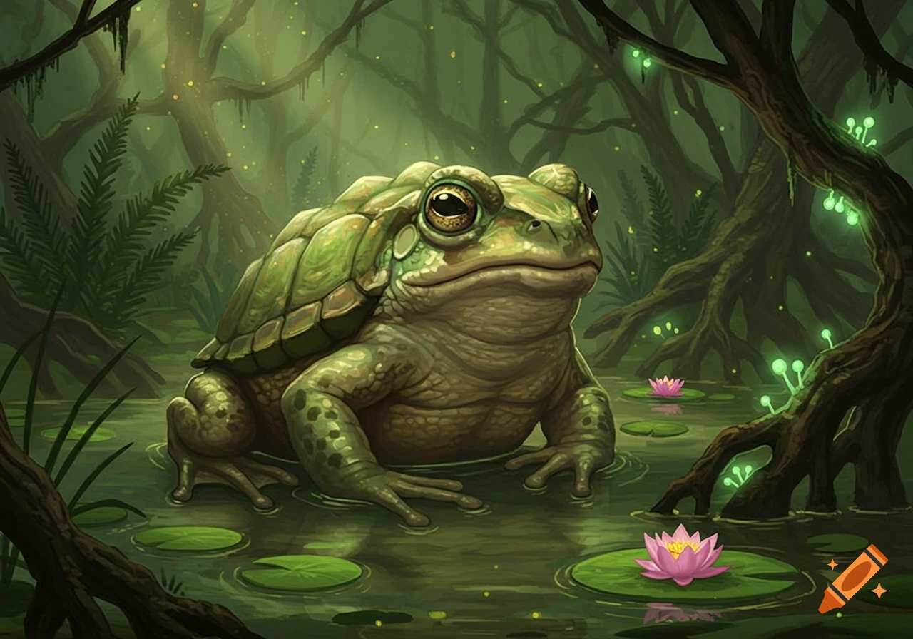 A giant, green fantasy toad with a tortoise shell sits in a murky swamp with lily pads and glowing plants.