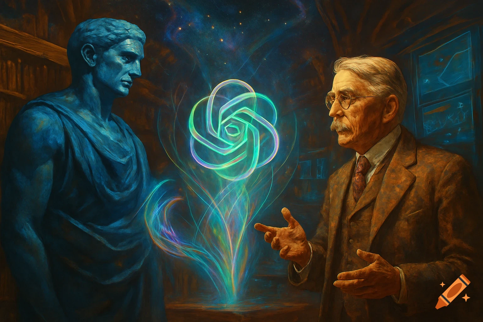 A blue statue and an old man with glasses gaze at a glowing, multi-colored ChatGPT logo in a dark, cosmic-themed room.
