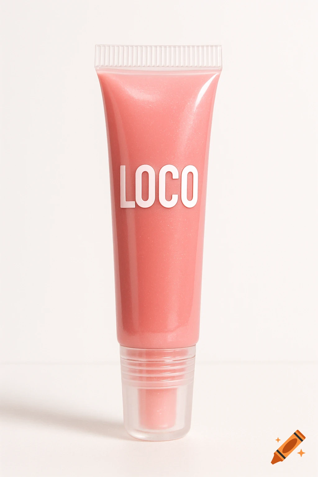 A photorealistic image of a pink lip gloss in a soft, semi-transparent squeeze tube with 'LOCO' in white capital letters.
