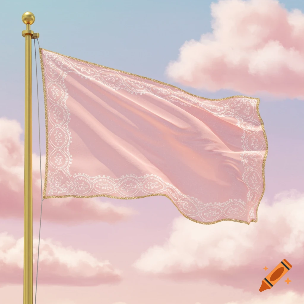 A pastel pink flag with white lace trim and gold edges waves against a soft blue sky with fluffy pink clouds.