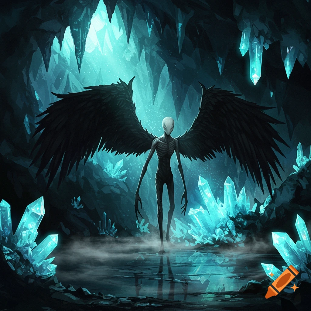 A tall, slender, faceless monster with black wings stands in a dark, mist-filled crystal cave.