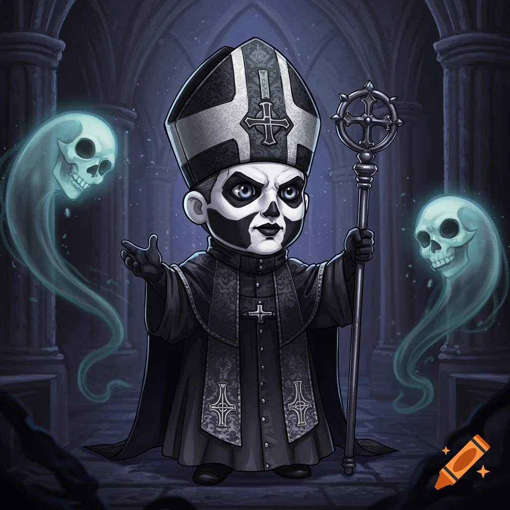 Chibi cartoon Papa Emeritus, wearing black and white papal attire with face paint, stands in a gothic church with two floating ghost skulls.