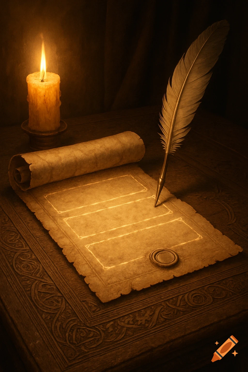 A lit candle illuminates an old parchment scroll with glowing outlines and a feather quill on an ornate wooden table in a dark room.