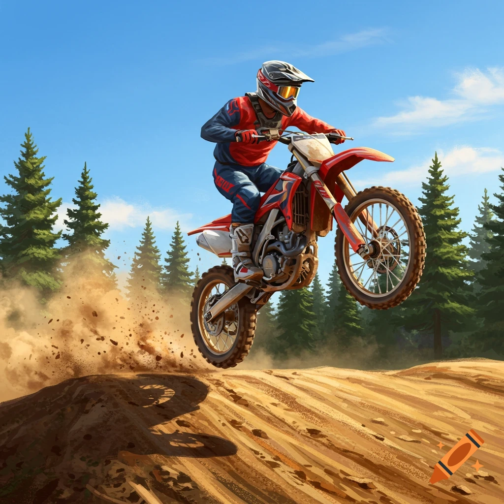 A motocross rider in red and blue gear on a dirt bike jumps over a mound of dirt, with pine trees and a blue sky in the background.