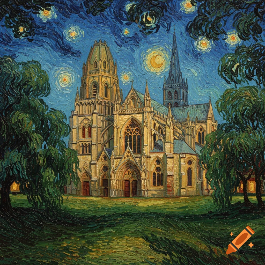 Bayeux Cathedral depicted in Van Gogh's impasto style, under a dramatic swirling starry night sky with a crescent moon.