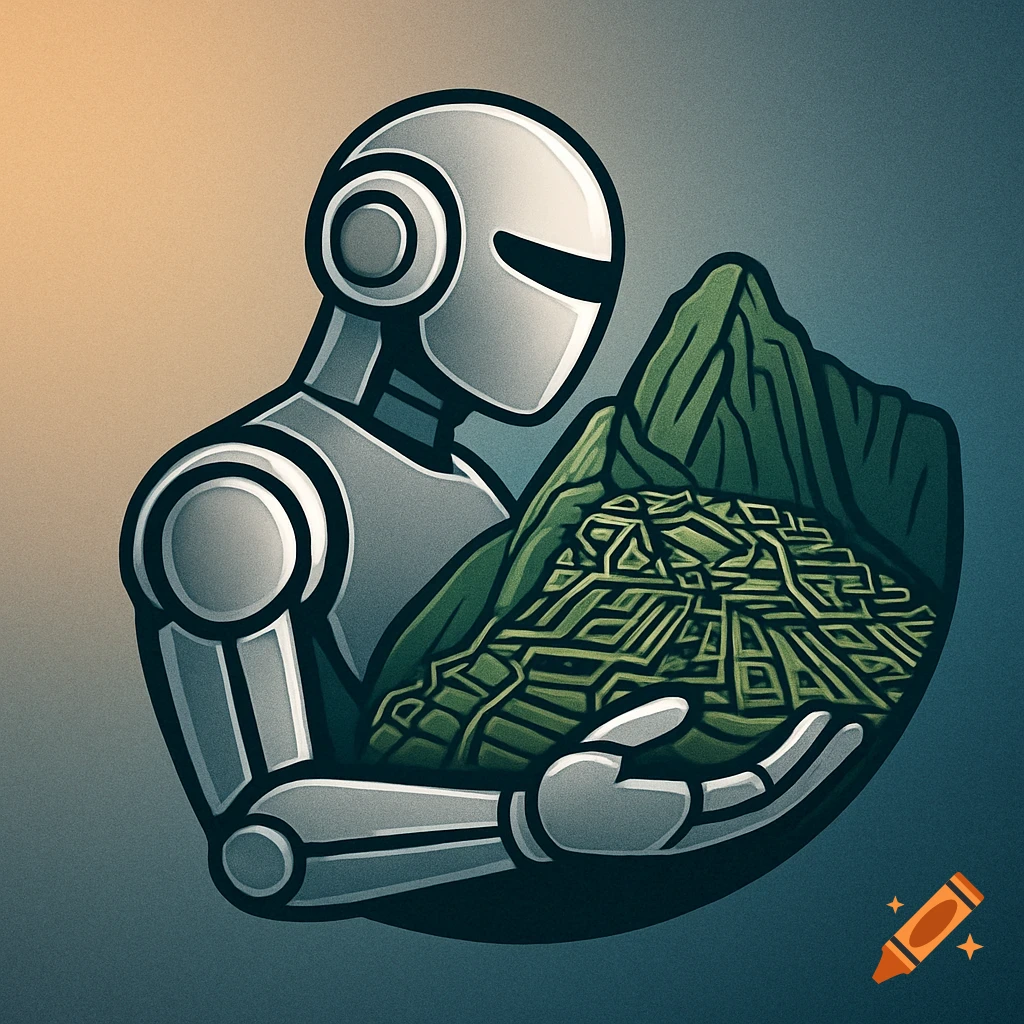 A stylized robot with a metallic gray body cradles a green, geometrically patterned mountain representing ancient ruins like Machu Picchu. The background is a gradient from light orange to dark blue.