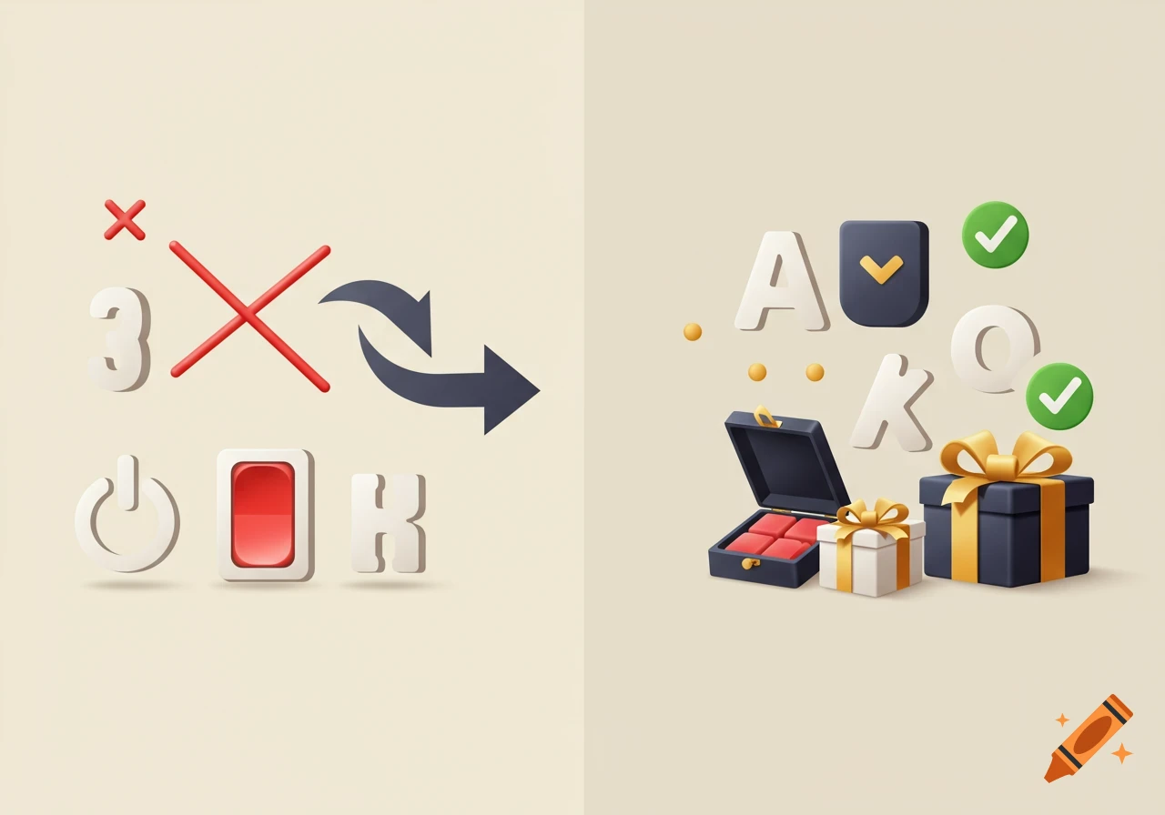A minimalist diagram showing transformation from left to right. Left side: various items like a '3', power switch, and letters are crossed out. Right side: gift boxes, a case with red cubes, and letters 'A', 'U', 'O', 'K' have green checkmarks.