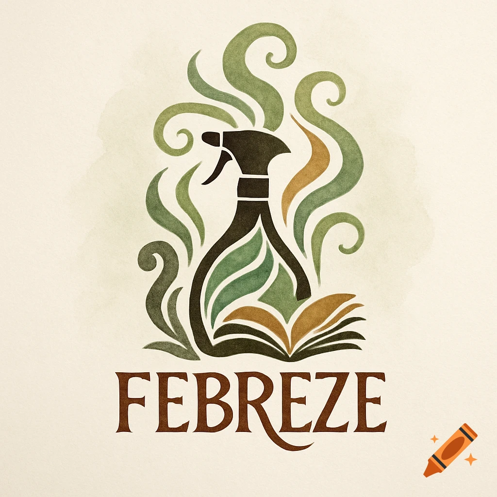 Watercolor logo of a Febreze spray bottle with green and brown organic shapes, and an open book.