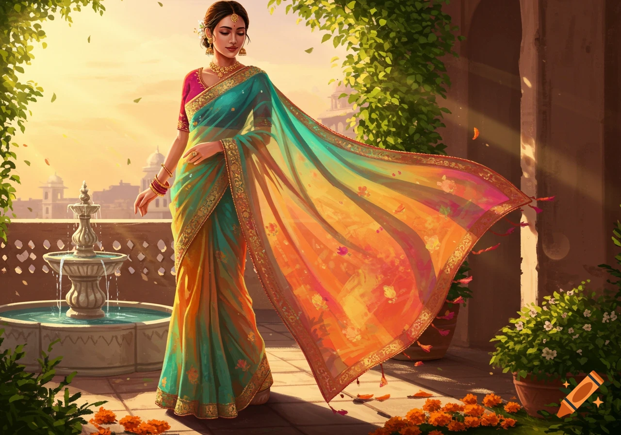 A woman in a vibrant, flowing saree stands on a patio with a fountain at sunset, surrounded by lush greenery and falling flower petals, in an art style.