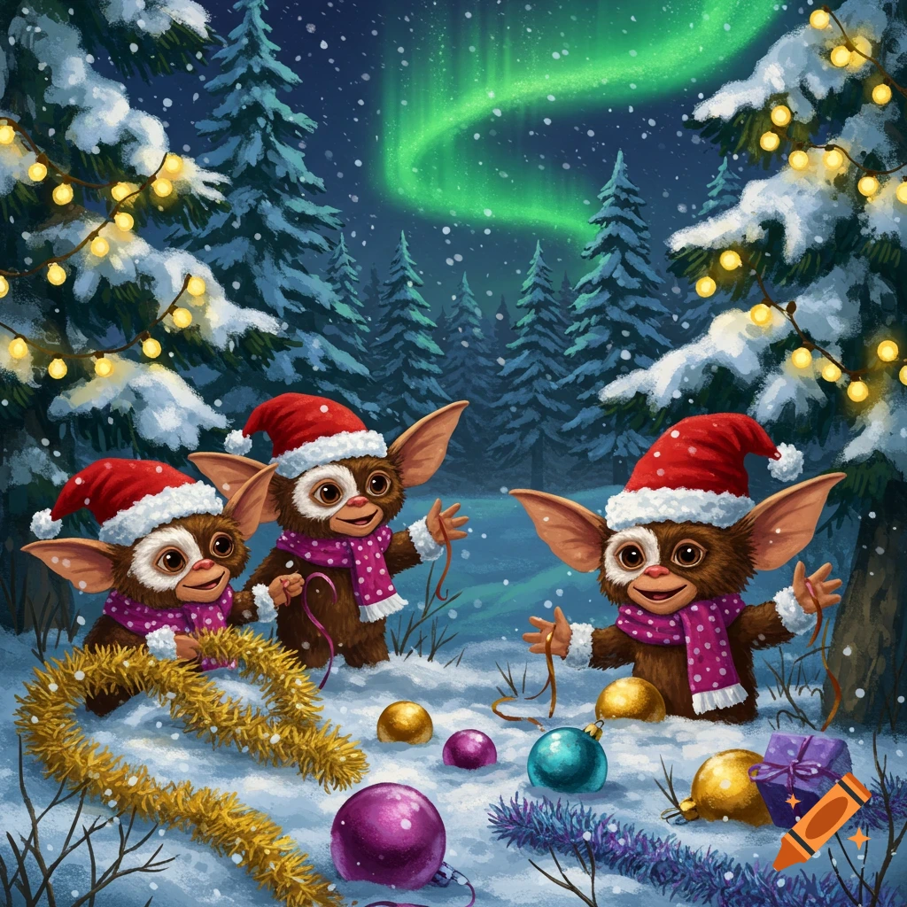 Three cute Gremlin-like creatures in Santa hats and scarves decorate a snowy forest with ornaments and tinsel under a green aurora borealis.