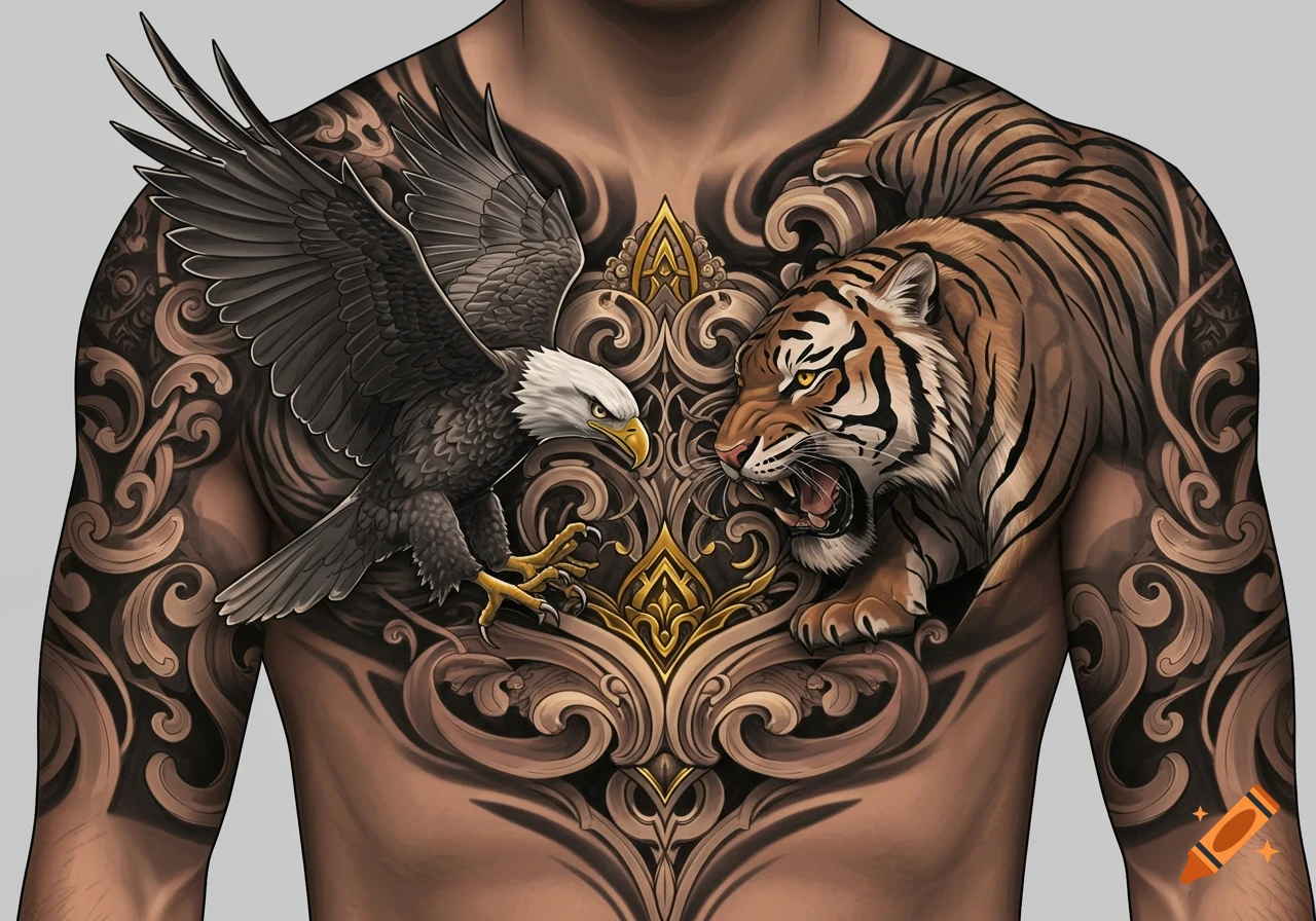 Elaborate chest and shoulder tattoo featuring a bald eagle facing a snarling tiger amidst ornate patterns.
