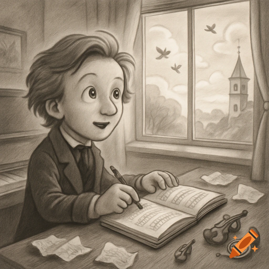 Grayscale semi-cartoon of young Wagner writing music at a desk, looking out a window at birds and a church tower, with instruments nearby.