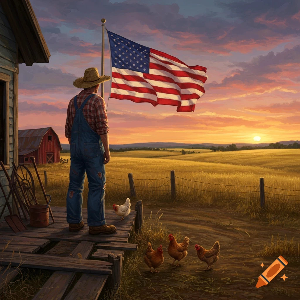 A farmer stands on a porch looking at an American flag waving over a golden field at sunset, with chickens on the ground.