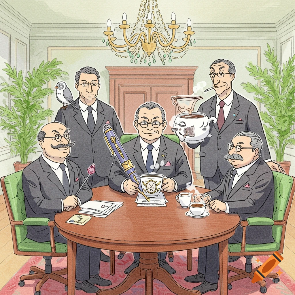 Cartoon illustration of five men in suits meeting around a wooden table, one holding a giant pen, another a quirky teapot.