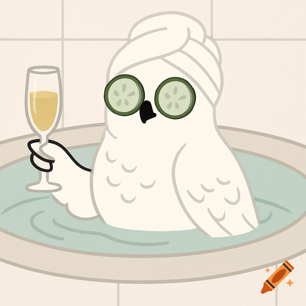 Cartoon snowy owl in a spa bath with a towel, cucumber slices over its eyes, holding a glass of prosecco.
