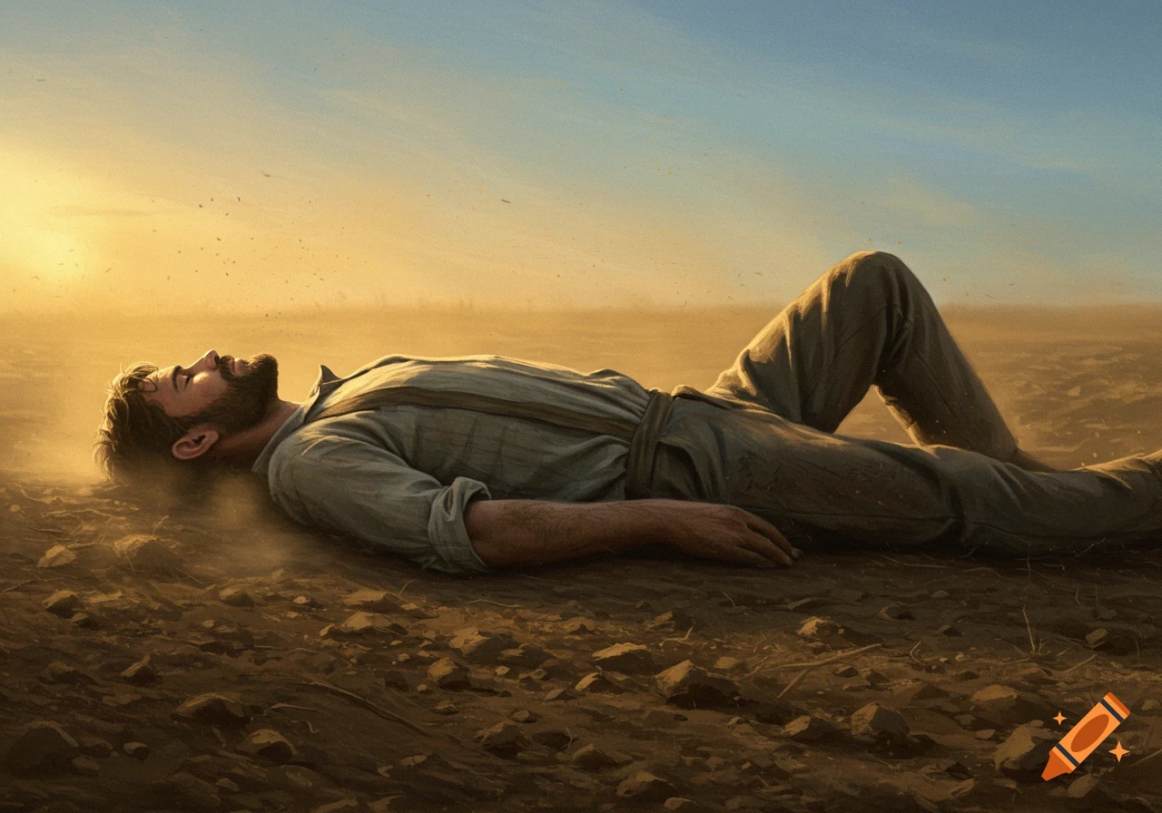 A man lies on dusty ground at sunset, looking peaceful and exhausted in a realistic painting style.