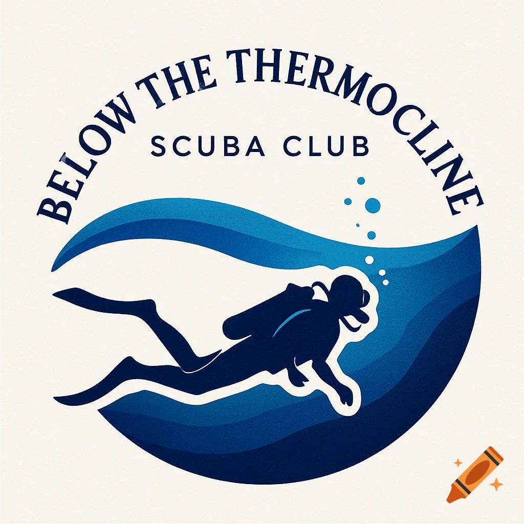 Circular logo for Below the Thermocline Scuba Club, featuring a dark blue silhouette of a scuba diver in wavy blue water.
