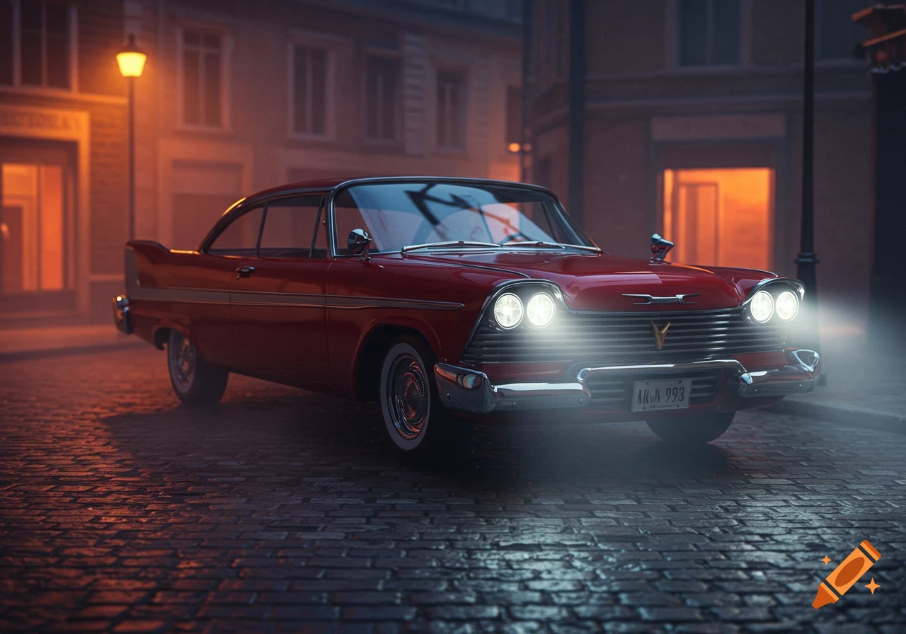 A classic red 1958 Plymouth Fury with bright headlights parked on a cobblestone street at night, illuminated by a warm streetlamp.