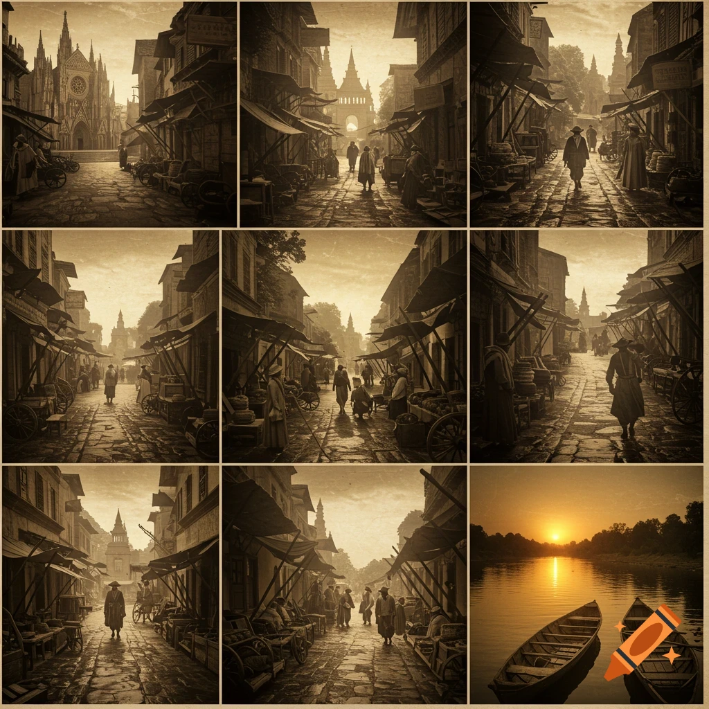 A sepia-toned grid of nine images depicting old-world market streets with people and historical architecture, plus one panel of boats on a river at sunset.
