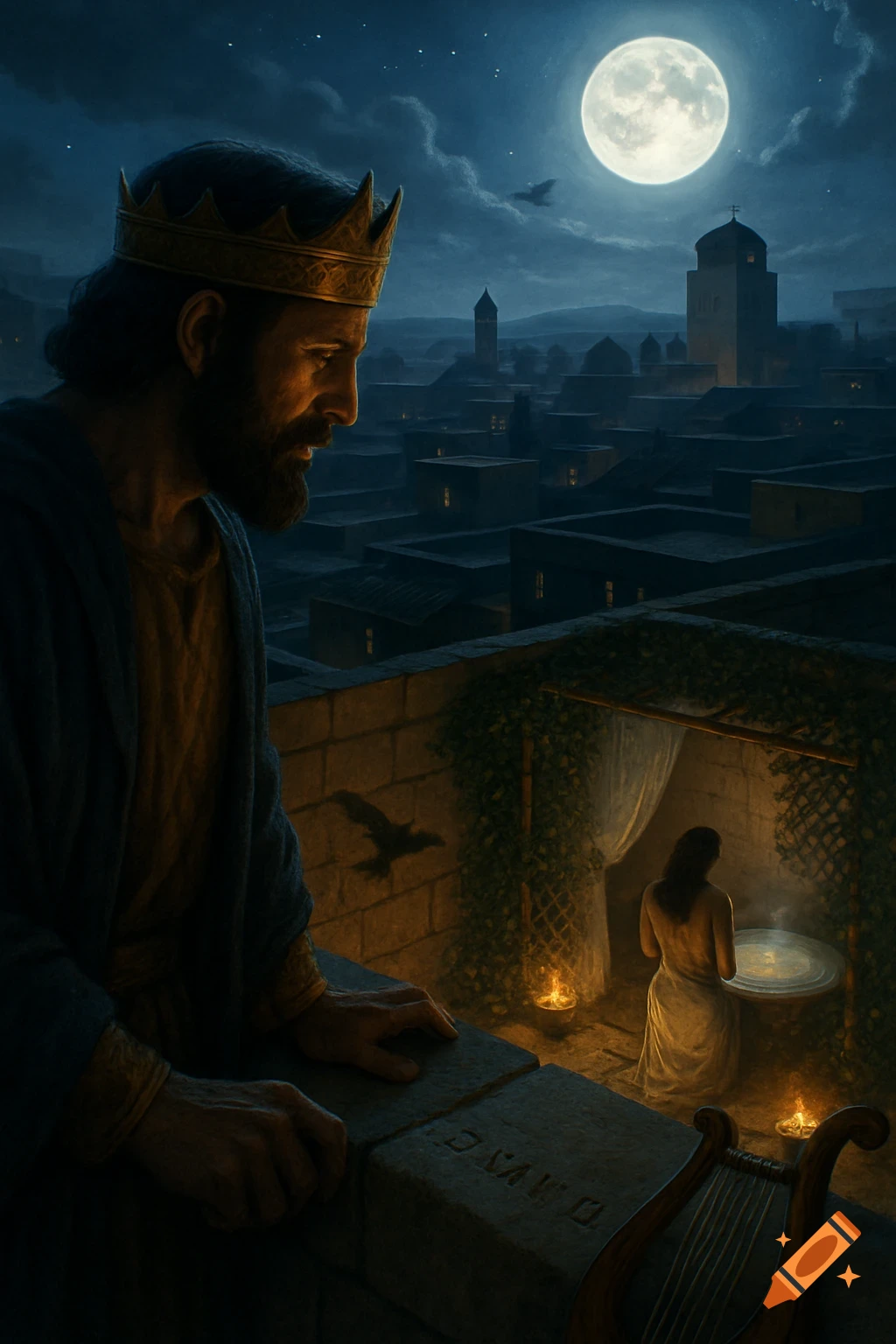 King David observes Bathsheba bathing in a moonlit courtyard from his palace rooftop, with a city skyline under a full moon.