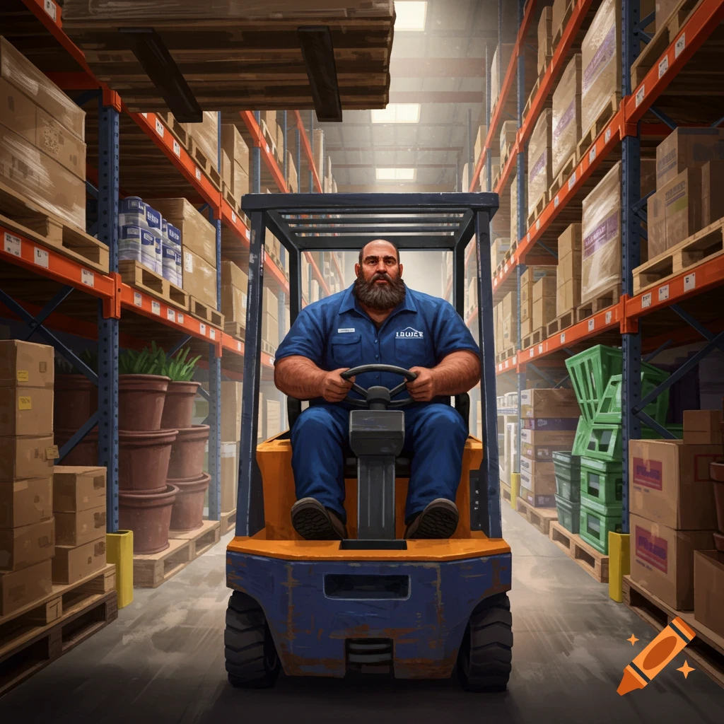 A bearded man in a blue uniform with a Lowe's logo drives a forklift down a narrow aisle in a busy warehouse.