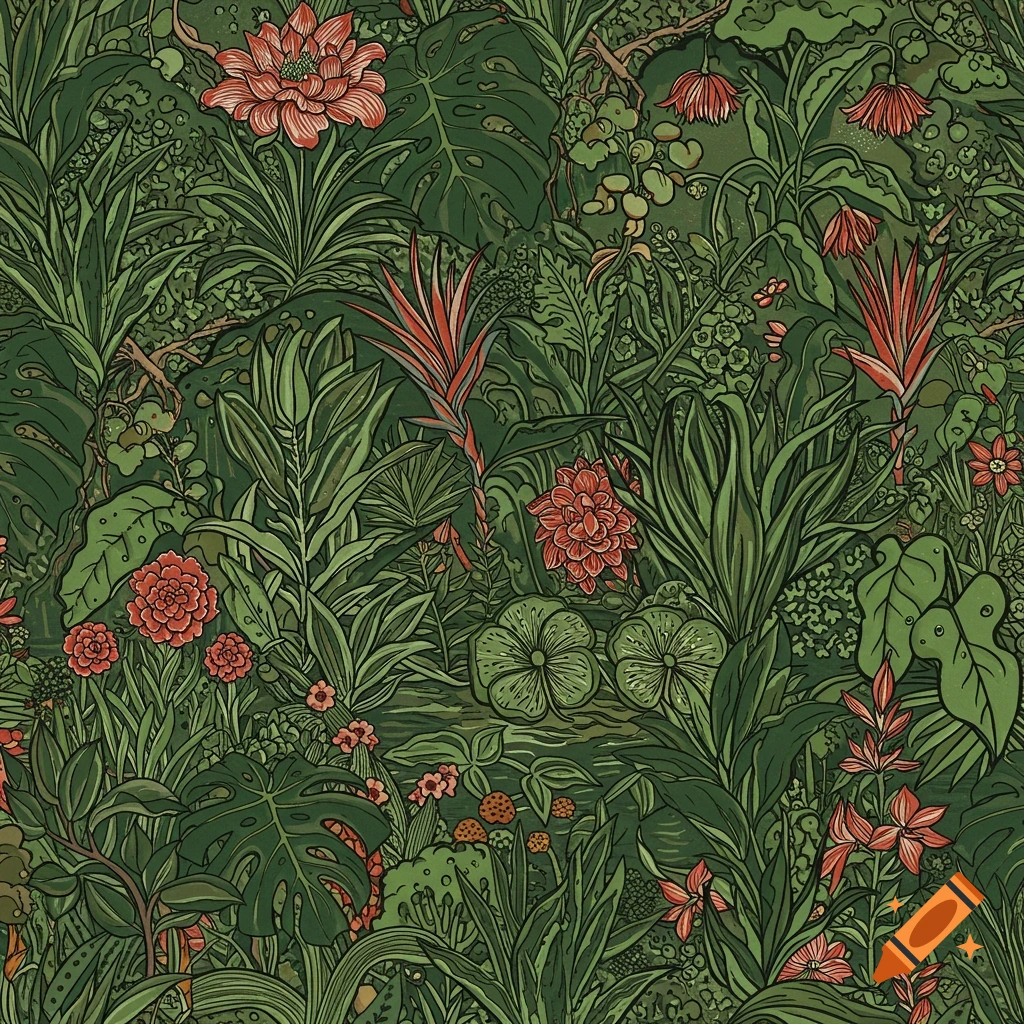 Lush linocut pattern of a dense jungle with vibrant green foliage and red-orange exotic flowers and lily pads.