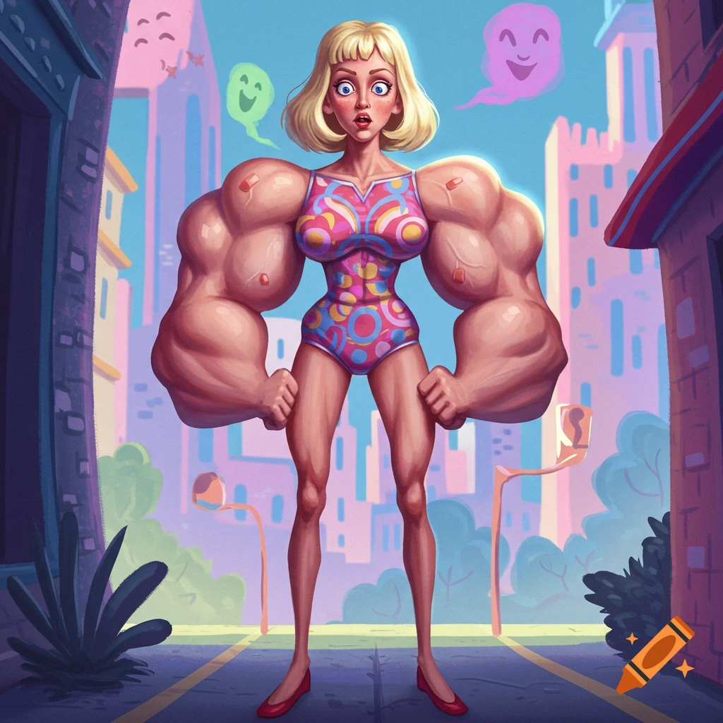 A blonde woman with extremely muscular arms and very skinny legs stands in a colorful, cartoon city street wearing a patterned swimsuit.