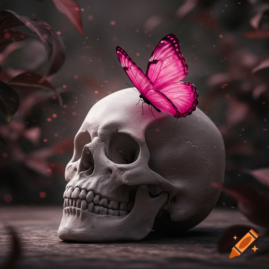 A photorealistic white human skull with a vibrant pink butterfly perched on its crown, set against a dark, moody background with red leaves.