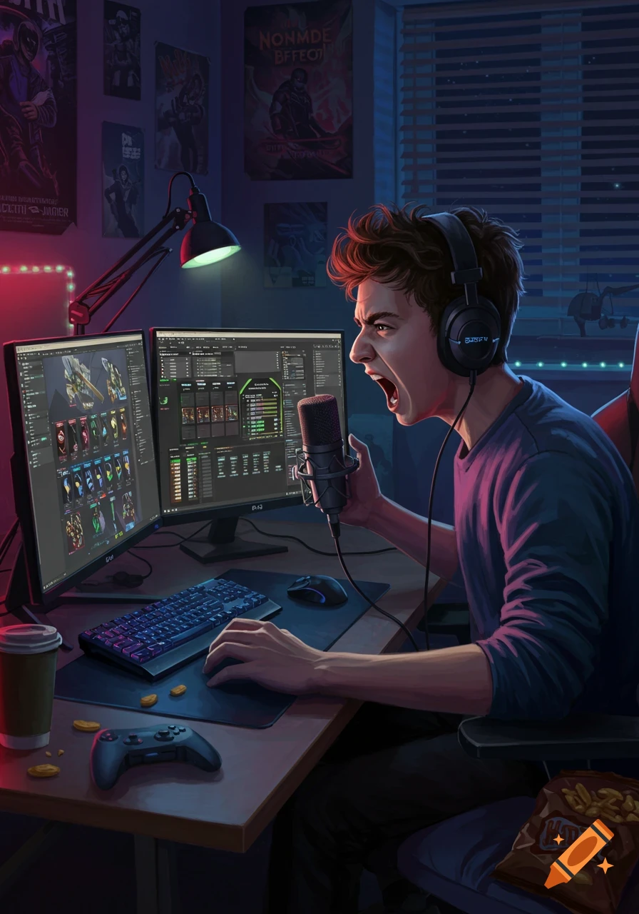 A young man with headphones screams into a microphone while gaming intently at a dual-monitor PC setup in his dimly lit room, with posters on the wall.