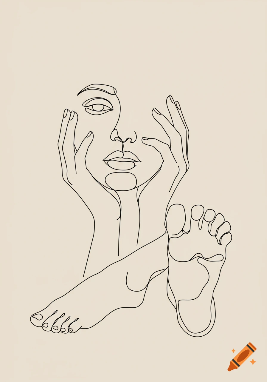 Minimalist line art drawing of a face with hands near it and crossed feet against a light beige background.