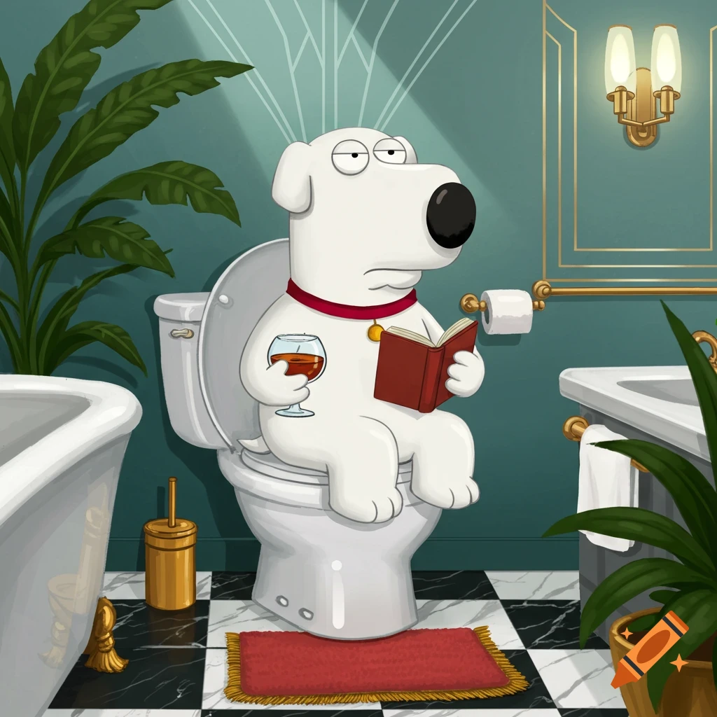 Brian Griffin from Family Guy sits on a toilet in a stylish bathroom, reading a book and holding a glass of wine, cartoon style.