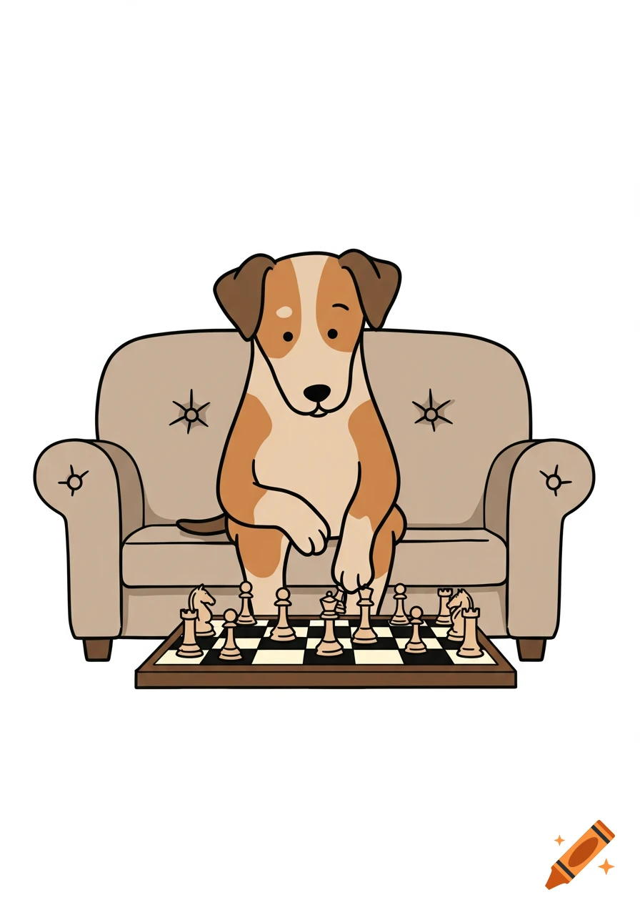 A simple cartoon illustration of a brown and white dog sitting on a beige couch, playing chess on a board in front of it.